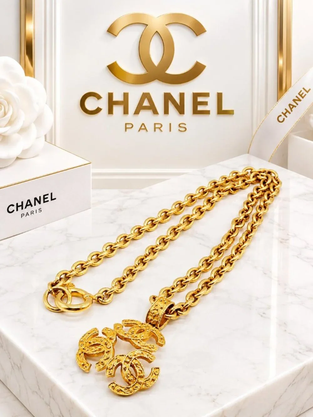 Authentic Chanel CC Triple Logo Pendant Necklace Gold Tone Chain Vintage Luxury